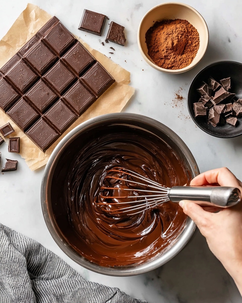 A shiny silver bowl filled with thick, smooth, dark brown melted chocolate is being stirred slowly by a woman's hand holding a metal whisk, lifting some chocolate that forms soft swirls. Next to the bowl, on the white marbled surface, there is a large dark chocolate bar with neat square sections and scattered small chunks of chocolate near it. A small black bowl filled with broken pieces of milk and dark chocolate sits to the side, and a beige bowl containing fine cocoa powder is visible at the top corner. A striped gray cloth lies partially at the bottom right. The scene captures the rich texture and deep colors of the chocolate preparation. photo taken with an iphone --ar 4:5 --v 7