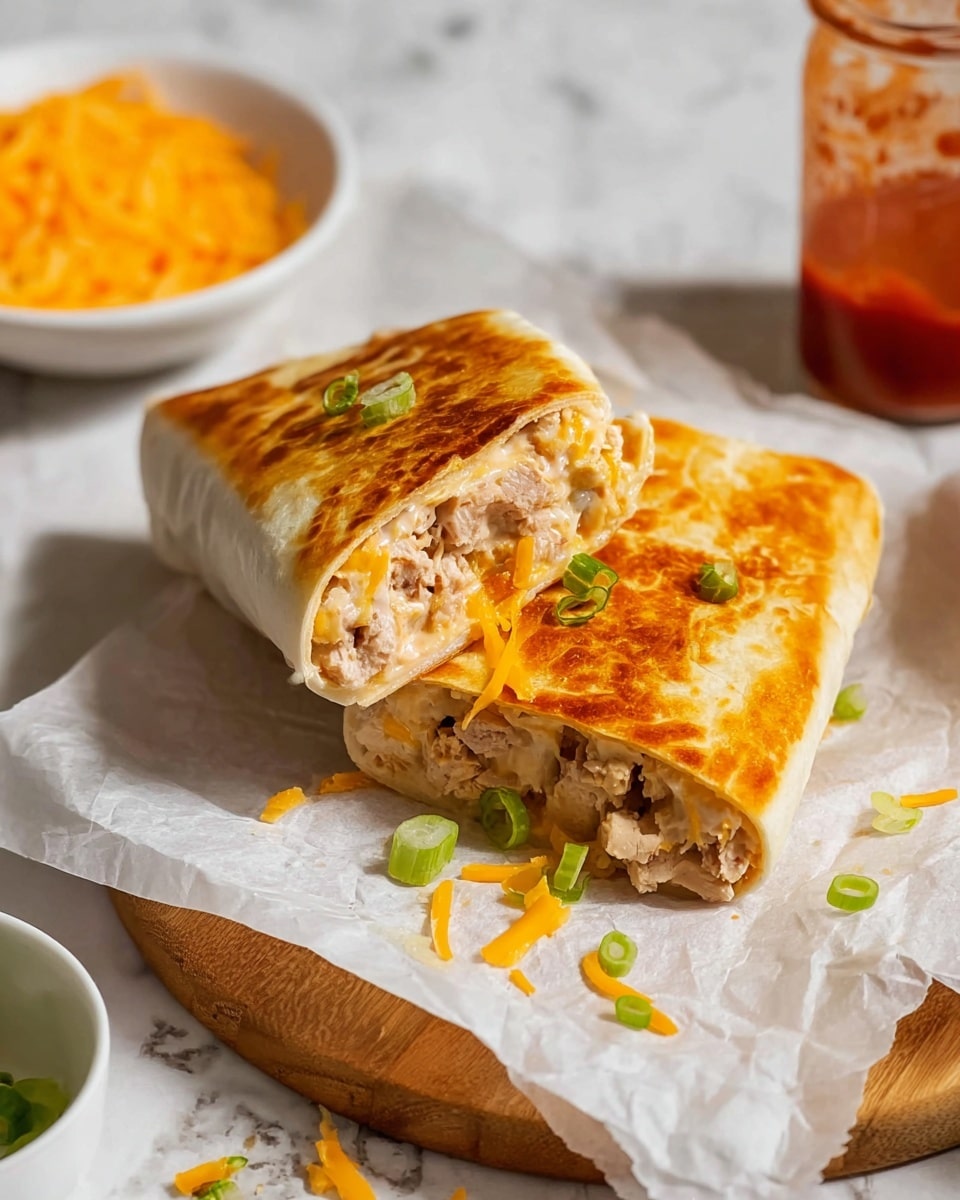 The image shows a toasted wrap cut into two pieces, placed on white parchment paper on a wooden board. The wrap’s outside is golden brown and crispy. Inside, there are three visible layers: a light beige creamy chicken filling mixed with small pieces of meat, a layer of bright orange shredded cheese, and topped with chopped green onions. The wrap is slightly open at the cut side, showing the filling clearly. In the background, there is a small white bowl with shredded cheese and a jar of red sauce, all on a white marbled surface. photo taken with an iphone --ar 4:5 --v 7