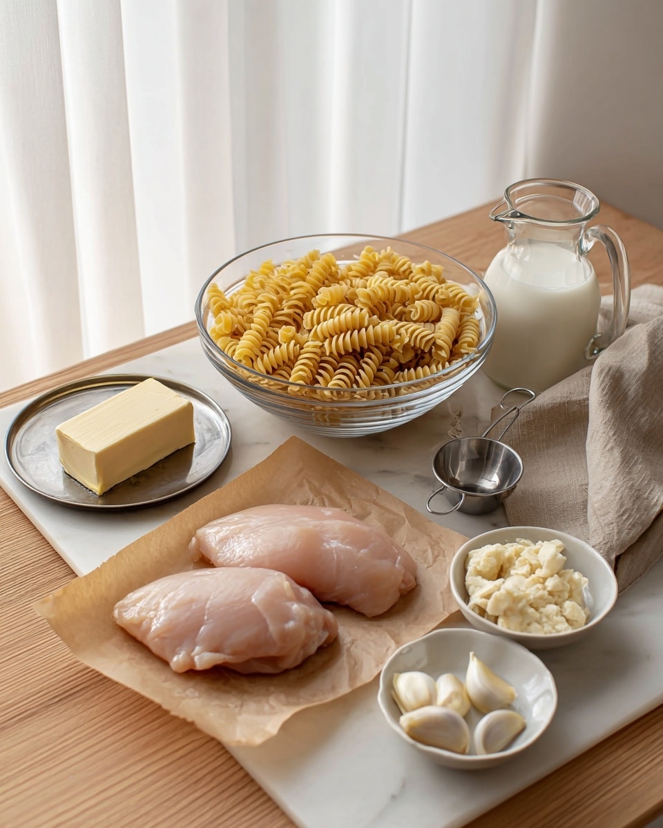 A wooden table holds several cooking ingredients neatly arranged on a white marbled surface. In the center, there is a clear glass bowl filled with yellow spiral pasta. In front of the bowl, two raw chicken pieces rest on brown parchment paper, showing a smooth, pale pink texture. To the left, a small silver plate carries a solid block of butter, which is pale yellow and smooth. Near the butter, there is a metal measuring cup, empty and shiny. On the right side, a clear glass measuring jug contains white milk. In front of the jug, two small white ceramic bowls are filled with peeled garlic cloves, creamy and smooth. The background shows sheer white curtains, and a beige cloth napkin is casually placed near the pasta bowl. photo taken with an iphone --ar 4:5 --v 7