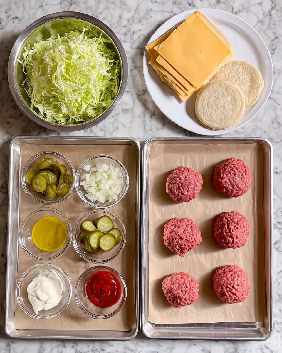 The image shows two baking sheets on a white marbled surface. The left tray has several white bowls and plates with different ingredients arranged neatly: shredded green lettuce in a metal bowl, three slices of yellow cheese stacked, a stack of round hamburger buns on a white plate, a bowl of chopped white onions, a bowl of sliced green pickles, and three smaller bowls with different sauces—white mayonnaise, red ketchup, and yellow mustard. The right tray holds four evenly spaced small balls of pink raw ground beef placed on parchment paper. Photo taken with an iphone --ar 4:5 --v 7
