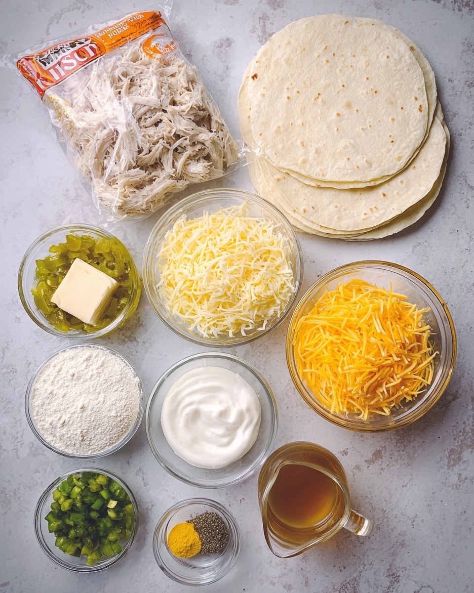The image shows several clear glass bowls and a white package of flour tortillas on a white marbled surface. There is a large bowl filled with shredded chicken, another large bowl with shredded yellow cheese, and a medium bowl with white sour cream. Smaller bowls contain chopped green peppers, a small block of butter, some white flour, yellow seasoning powder, and black pepper. A clear measuring jug holds a brownish liquid. The package of white flour tortillas lies at the top, partially opened, showing soft round tortillas inside. photo taken with an iphone --ar 4:5 --v 7