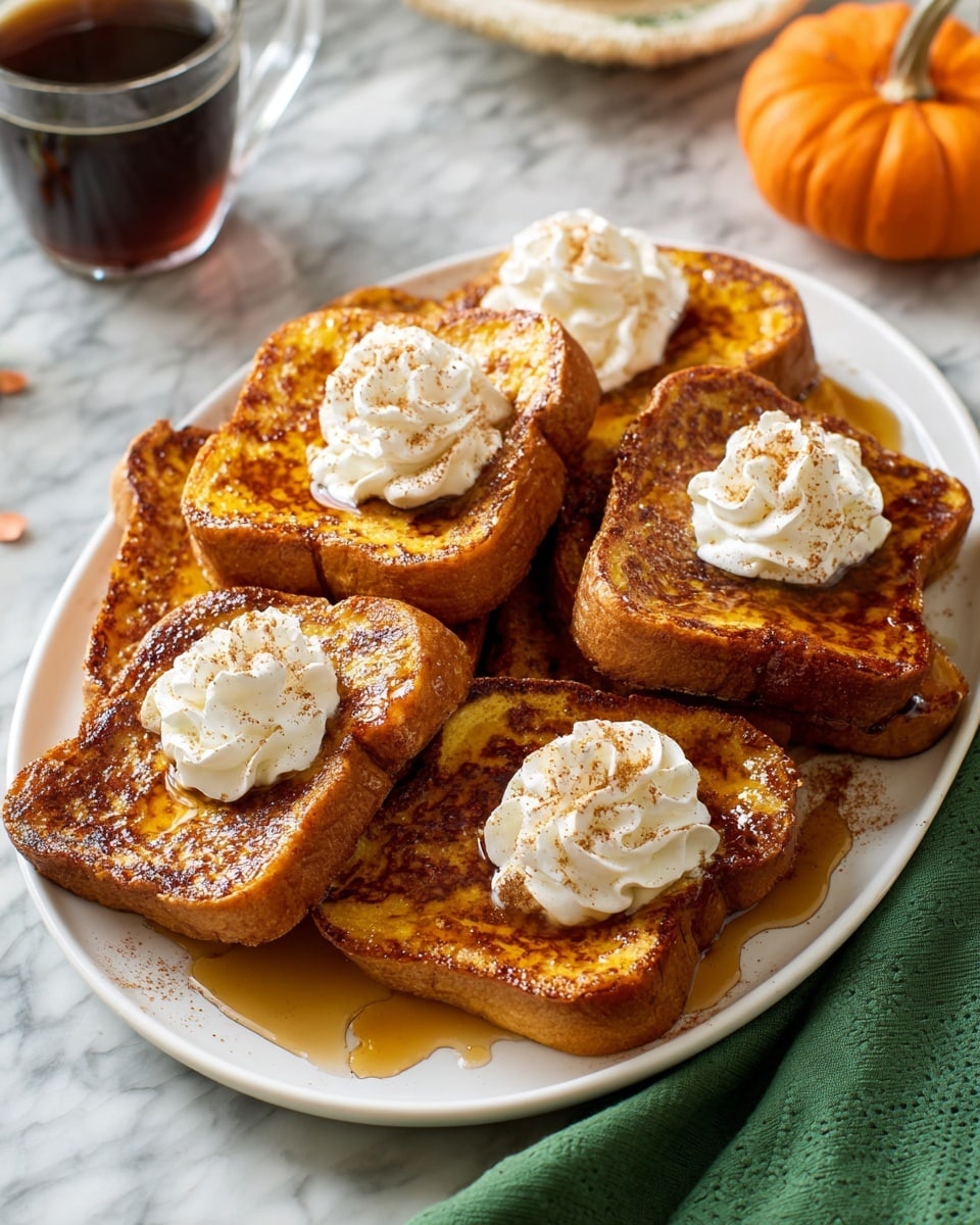 The image shows a white oval plate with eight slices of golden-brown French toast stacked in two layers, four slices on the bottom and four on top, all with a slightly crispy texture. Each slice is topped with a swirl of soft white whipped cream in the center, sprinkled lightly with brown cinnamon powder. Drizzled golden maple syrup covers the French toast, pooling a bit on the plate. The plate is placed on a white marbled surface with a green cloth napkin to the right, an orange mini pumpkin in the background, and a glass cup of dark coffee near the top left corner. Photo taken with an iphone --ar 4:5 --v 7
