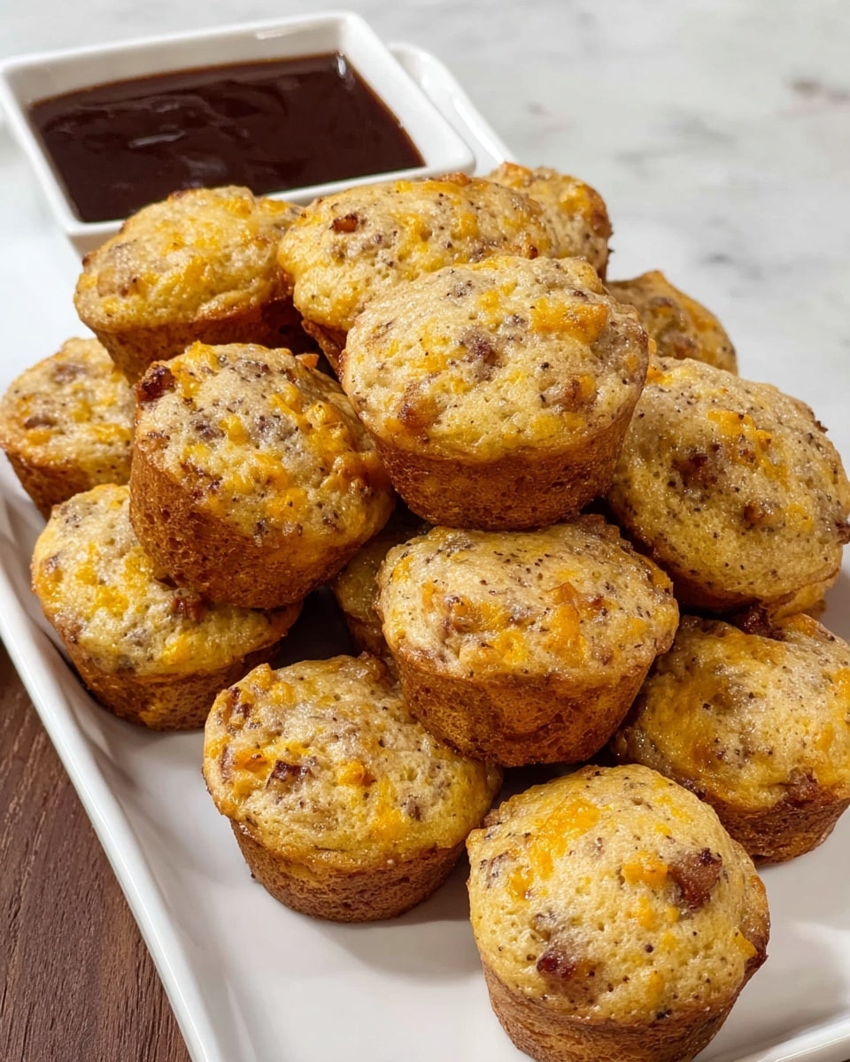 A white rectangular plate holds many small round muffins stacked on each other, each muffin showing a light golden top with specks of brown and orange, giving a rough texture. The muffins have visible bits inside, showing a mix of darker brown and yellow shades throughout. The plate rests on a white marbled surface. In the foreground, part of a small white square dish with dark brown sauce is visible, adding contrast to the light colors of the muffins. Photo taken with an iphone --ar 4:5 --v 7