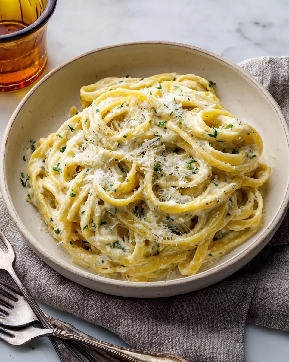 A bowl of pasta with thick, creamy white sauce mixed with small green herb bits. The noodles are yellow and round, layered closely and twisted inside a white bowl. The pasta is topped with finely grated white cheese, lightly sprinkled all over the dish. The bowl is placed on a white marbled surface with a folded linen cloth nearby, showing a fork and a knife. There is also a glass with a dark amber drink on the side photo taken with an iphone --ar 4:5 --v 7