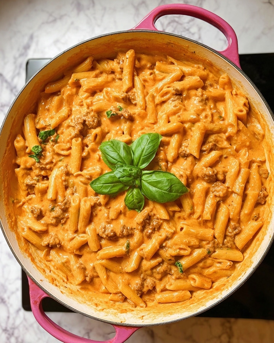 A large shallow white pan with pink handles is filled with creamy orange pasta mixed with small pieces of meat and green vegetable bits evenly spread throughout. On the top center, there are a few fresh green basil leaves placed as garnish, adding a pop of color to the dish. The texture of the pasta is smooth with a thick sauce coating every piece well. The pan sits on a black cooking surface with a white marbled background visible around it photo taken with an iphone --ar 4:5 --v 7
