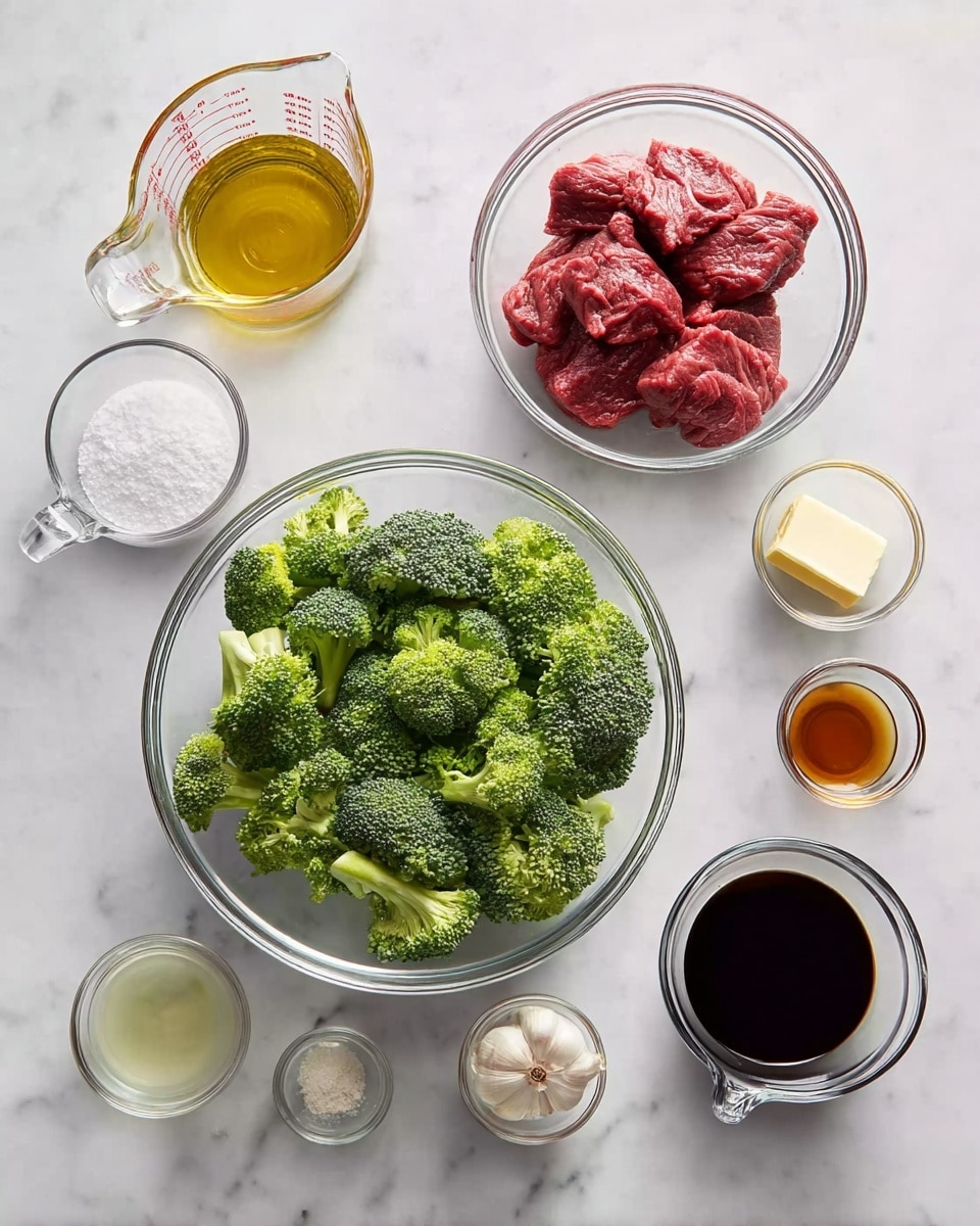 The image shows a white marbled surface with various clear glass bowls and measuring cups holding ingredients for a meal. In the center, there is a clear glass bowl filled with bright green broccoli pieces. To its right, a larger clear glass bowl contains raw red slices of beef. On the top left, a measuring cup has a golden liquid, while below it a small glass bowl has a white granular powder next to a smaller cup with a light yellow clear liquid. At the top right, four small glass bowls hold a pale yellow stick (likely butter), a white peeled clove of garlic, a golden-brown liquid, and a dark brown liquid. To the bottom right, a measuring cup holds a thick black sauce. Everything is spaced neatly on the white marbled background, photo taken with an iphone --ar 4:5 --v 7