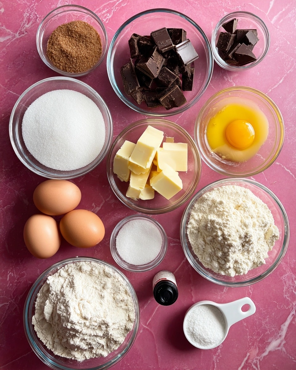 The image shows clear glass bowls with ingredients arranged on a bright pink surface, now imagined as a white marbled texture. There are five small bowls containing white sugar, brown sugar, chopped dark chocolate, cube-shaped pale yellow butter, and a single bright yellow egg yolk. Two larger bowls hold flour and chunks of butter. Two whole brown eggs sit beside a small bowl of white granulated sugar, a tiny bowl with two white powders, a white measuring spoon, and a small dark bottle with a black cap. The ingredients are spread out neatly in a loose grid pattern. photo taken with an iphone --ar 4:5 --v 7