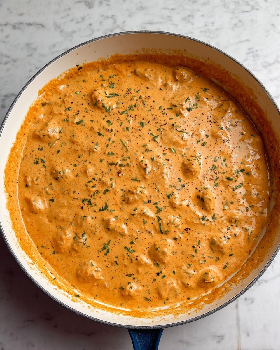 A deep white pan filled with a thick, creamy orange sauce dotted with small pieces of food evenly spread throughout. The sauce has a smooth texture with specks of green herbs and black pepper sprinkled on top, giving it a fresh, slightly textured look. The pan rests on a white marbled surface, with the sauce nearly reaching the rim, showing a slight residue on the pan edges. Photo taken with an iphone --ar 4:5 --v 7