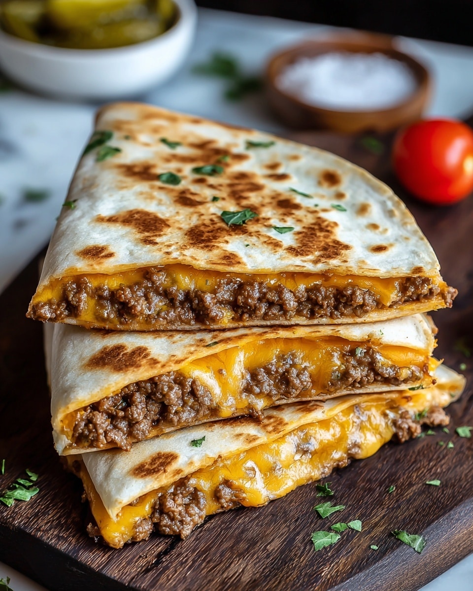 The image shows a stack of three toasted quesadilla slices arranged on a wooden board. Each slice has two layers of a slightly browned white tortilla with a filling in between. The filling contains finely ground brown meat mixed with melted orange-yellow cheese and small pieces of green jalapeño peppers. Bits of chopped green cilantro are scattered over the quesadillas and around the board. In the blurred background, there are small bowls with sliced jalapeños and white sauce, and two red tomatoes on a white marbled surface. The photo taken with an iphone --ar 4:5 --v 7
