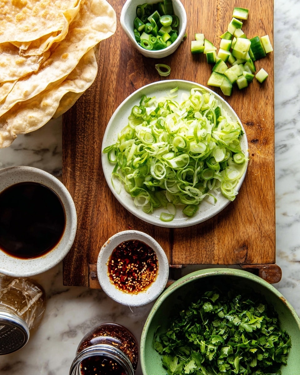 A wooden board on a white marbled surface holds several small white bowls and jars with different ingredients: one bowl has thinly sliced green onions, another has a light brown sauce topped with white sesame seeds, and a glass jar filled with red chili flakes in oil. There is a smaller container with a dark soy-like liquid. Next to the board are folded flatbread pieces that are light golden and soft in texture. On the board are also small piles of finely chopped green cucumber and herbs. A small bunch of fresh green leaves is placed on the side. photo taken with an iphone --ar 4:5 --v 7
