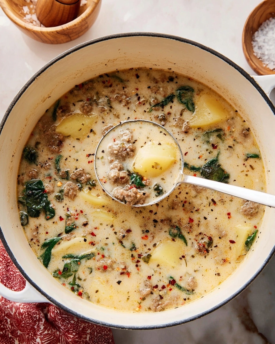 The image shows a white pot filled with a creamy soup that has a thick texture. The soup has visible chunks of light yellow potatoes, pieces of browned meat, and dark green leafy vegetables scattered evenly throughout. Black pepper and red chili flakes are sprinkled on the surface, adding specks of black and red to the light beige broth. A silver ladle is lifting some soup out of the pot, displaying the mix of ingredients clearly. The pot sits on a white marbled surface with some small objects blurred around the edges. Photo taken with an iphone --ar 4:5 --v 7
