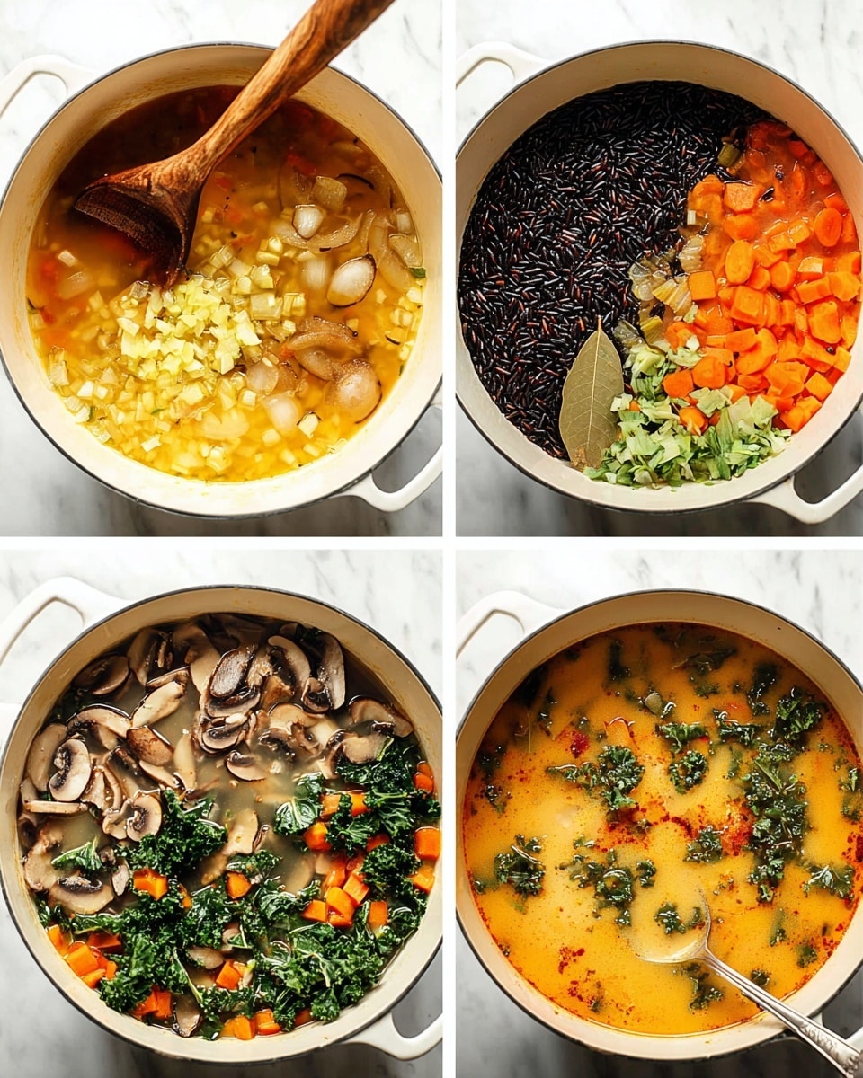 The image shows a white pot with four stages of making soup. In the first stage, there is a layer of small, soft, pale yellow pieces being stirred with a dark wooden spoon. The second stage shows a layer of dark brown sliced mushrooms on the top left, black long grains of wild rice in the middle, orange cubes of carrots on the top right, light green chopped celery on the bottom right, and a light brown liquid with a yellow bay leaf in the middle. In the third stage, the soup has a new top layer of fresh dark green chopped kale spread unevenly with some red pieces visible under it. The broth is lighter and creamier with specks of pepper. The final stage displays a thick creamy soup with visible slices of brown mushrooms, small orange carrots, dark green kale, and some black rice grains scattered throughout, with a silver spoon resting in the soup. All the scenes are set on a white marbled surface, photo taken with an iphone --ar 4:5 --v 7