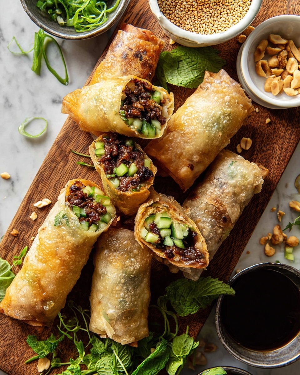 Several spring rolls are arranged on a wooden board placed over a white marbled surface. The spring rolls have a shiny, light golden-brown crispy wrapper with some air bubbles and slight browning. Three of the spring rolls are whole, stacked, and garnished with thin green onion strips. Two spring rolls are cut in half, showing three colorful layers inside: dark brown seasoned beef, bright green chopped cucumber, and fresh chopped herbs in a vibrant green. Surrounding the rolls are small bowls with sauces—one dark soy sauce, one amber-colored sauce with sesame seeds—and a small tin cup with peanuts. A silver spoon with chili flakes rests on the board. photo taken with an iphone --ar 4:5 --v 7