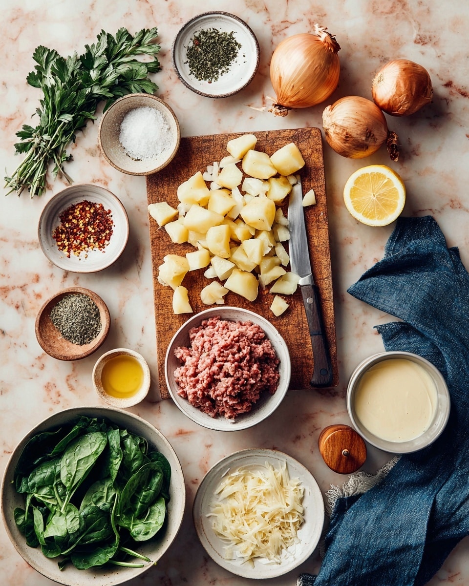 The image shows raw ingredients for a meal arranged on a white marbled surface. In the center, there is a white bowl filled with fresh green spinach leaves. To the right, a white plate holds raw ground meat wrapped in white parchment paper with some red sauce stains. Above that, two halves of a bright yellow lemon are placed side by side. Next to the lemon is a white bowl with coarse salt and a wooden pepper grinder. To the left of the spinach, a wooden cutting board displays small golden potatoes, some whole and some chopped, next to half and quarter pieces of a yellow onion, diced onion cubes, and a knife with a wooden handle. There is a small round blue and brown plate with a few purple garlic cloves. Various small bowls near the bottom left hold mixed dry spices, and a glass jar filled with golden liquid is near the bottom. A small wooden bowl with creamy sauce sits near a dark blue cloth on the lower right, and a small white plate holds shredded cheese. photo taken with an iphone --ar 4:5 --v 7