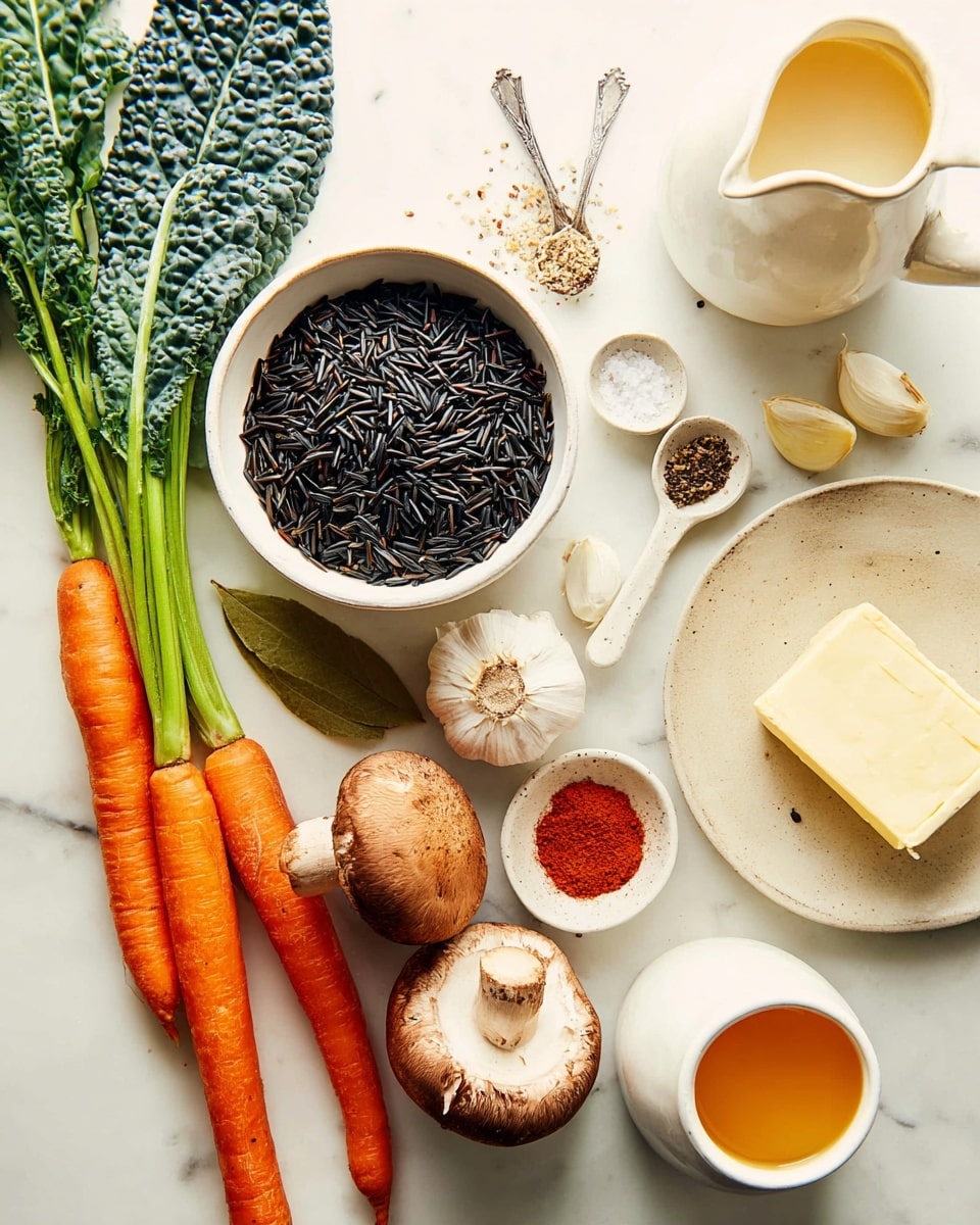 The image shows various fresh ingredients laid out on a white marbled surface. In the center is a white bowl filled with dark black wild rice grains. Around it, from left to right, there are bright orange carrots, green celery stalks, leafy kale, four brown mushrooms with a firm texture, and two white onion halves. To the upper right, there is a small white bowl filled with a bright orange-red spice, a white dish holding white salt, black pepper, and a light brown dried bay leaf. Next to it is a white ceramic jug filled with a creamy liquid, and a white speckled jug with a small amount of honey inside. At the bottom right is a stick of yellow butter on a light plate. Photo taken with an iphone --ar 4:5 --v 7
